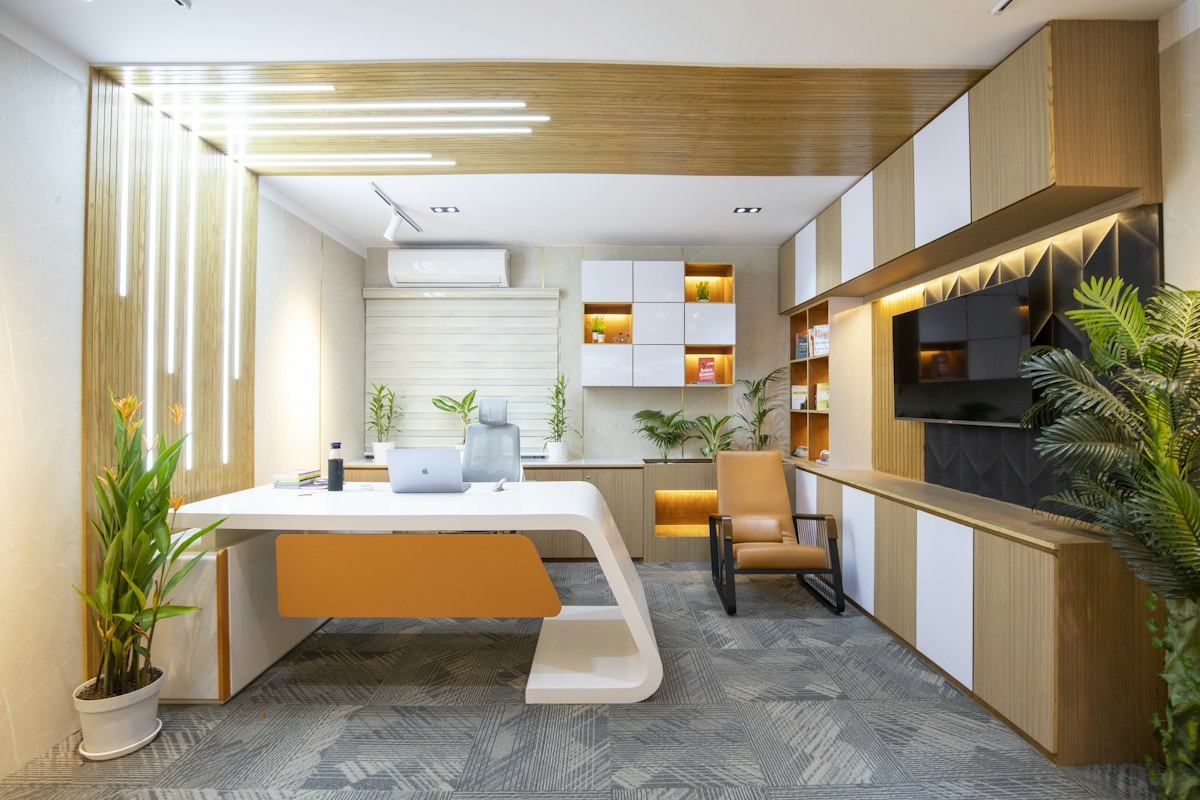 Bright modern workspace with a desk and chair